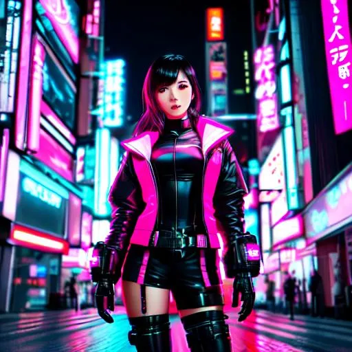 Prompt: cyberpunk look  young 28 year old beautiful asian girl, wearing pink and black, photo realistic, 4k, hdr, standing on a futuristic Tokyo street bladerunner style, nightscene, illuminated by neon lights, cinematic lighting,