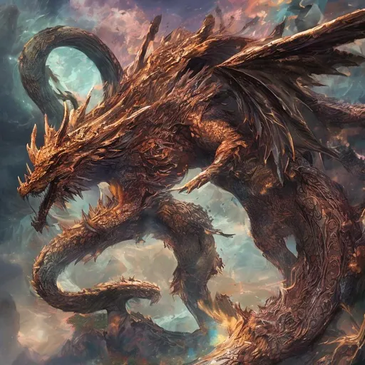 Prompt: "Generate a vivid and awe-inspiring image of a mythical dragon imbued with ancient runes and immense magical power. Envision a scene where this magnificent creature soars through a mystical realm, leaving trails of iridescent flames in its wake. The dragon should possess a colossal and majestic physique, with scales that glisten like polished gemstones, reflecting the colors of the cosmos. Its eyes should radiate an otherworldly wisdom and intensity, as if they hold the secrets of the universe.

The dragon's body should be adorned with intricate runes, glowing with an ethereal light, each symbol representing a unique aspect of its formidable magic. These runes should be seamlessly integrated into its scales and the very essence of its being. The dragon's wings should span wide and graceful, their membranes etched with celestial patterns that shimmer with enchantment.

Surrounding the dragon, conjure an environment that complements its grandeur, featuring floating islands, cascading waterfalls of liquid starlight, and an ever-changing sky filled with constellations that dance in harmony with the dragon's movements. Capture the essence of mythical wonder and mystical power in this extraordinary image, evoking a sense of awe and reverence."