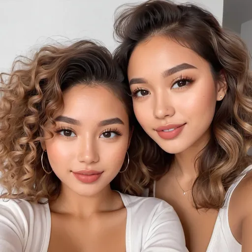 Prompt: Girl in TikTok video (showing TikTok GUI template. Cute, sensual, pretty, very appealing (half Spanish/ German and half Filipina that looks more white). More on the tan side, with brunette wavy curly hair