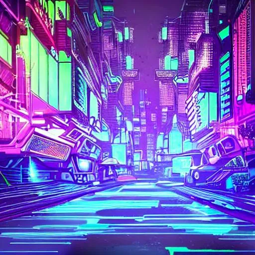 Prompt: Sci-fi neon city, high tech, blue green purple atmosphere