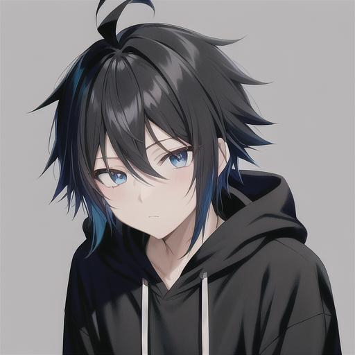 anime boy with blue eyes and black hair staring at the camera