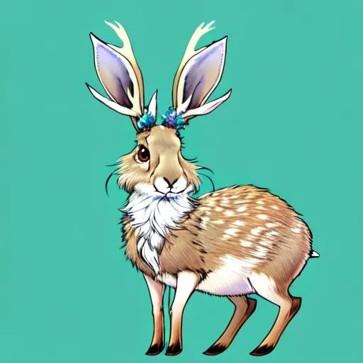 Prompt: A jackalope with long, thin ears and a wispy tail, cyan background