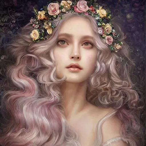 Prompt: Breathtaking baroque long haired beauty, painted by artgerm, nicoletta ceccoli, daniel merriam, fantasy art, renaissance gown, hyper realistic flower bouquet painting, sparkles, Beautiful goddess, Haute Couture, princess dress, beautiful symmetrical face, pre-raphaelite, soft shadows, stunning, dreamy, elegant, ornate, style of michael parks, tom bagshaw, roberto ferri and Marco mazzoni, hyper-realistic, matte painting , enhanced, photo render, 8k, art by artgerm, wlop, loish, ilya kuvshinov, 8 k hyperrealistic, crackles, hyperdetailed, beautiful lighting, detailed background, depth of field, symmetrical face, frostbite 3 engine, cryengine, bubbles, dragonflies, garden of roses and peonies background, ultra detailed, soft lighting