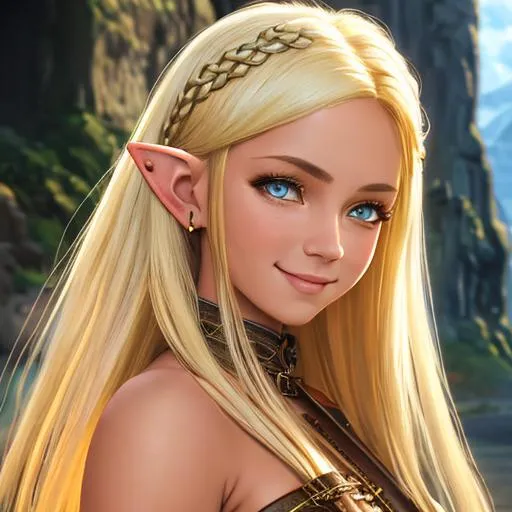 Prompt: oil painting, fantasy, hobbit girl, tanned-skinned-female, beautiful, short bright dirty blonde hair, straight hair, smiling, pointed ears, looking at the viewer, thief wearing intricate leather amor, #3238, UHD, hd , 8k eyes, detailed face, big anime dreamy eyes, 8k eyes, intricate details, insanely detailed, masterpiece, cinematic lighting, 8k, complementary colors, golden ratio, octane render, volumetric lighting, unreal 5, artwork, concept art, cover, top model, light on hair colorful glamourous hyperdetailed medieval city background, intricate hyperdetailed breathtaking colorful glamorous scenic view landscape, ultra-fine details, hyper-focused, deep colors, dramatic lighting, ambient lighting god rays, flowers, garden | by sakimi chan, artgerm, wlop, pixiv, tumblr, instagram, deviantart