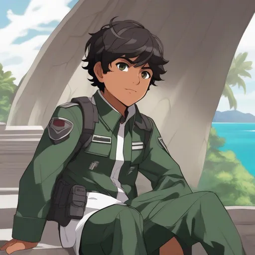 Prompt: Full figure, whole body, from distance. A young south Asian boy cute boy. east asian skin tone skin tone. Dark green scifi uniform. white details. In background a pacific Island.
Rpg. Anime art. Akira art. Studio trigger art. 2d. 2d art. Well draw face. Detailed.

