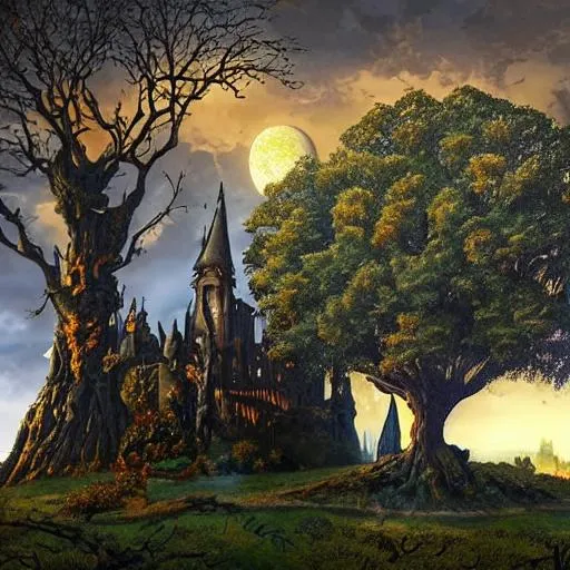 Prompt:  The far background showing the towering gnarly, beautiful, World Tree with a vibrant glowing gold aura on it and in the foreground is a large, very complex and decaying castle the foreground. The sky has a greenish tint to it and the overall picture and area is zoomed out over a large land, a small knight mourning in the foreground and the tone is gothic  fantasy