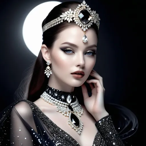 Prompt: ultrarealistic full bodied pale skinned beauty in celestial otherworldly dark attire outfit is complimented with shades of grey and cream wearing exquisite white golden accessories dominated by luxurious white sparkling diamonds, natural moonlight complementing her features, subtle depth from the blurred Smokey black and white background, luxurious and radiant