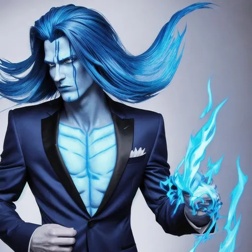 Prompt: Blue flame hair Hades as a Dominant in a suit