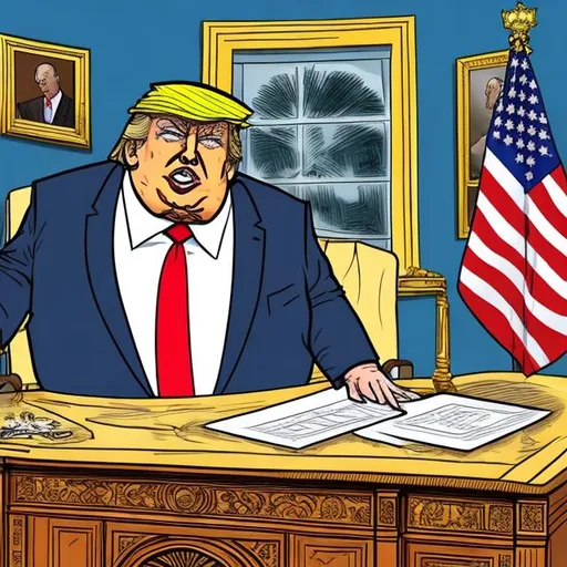 Prompt: Obese Trump as king with a crown on his head at his desk, too long red tie + dark-blue suit, Oval Office scene, Sergio Aragonés MAD Magazine cartoon style 