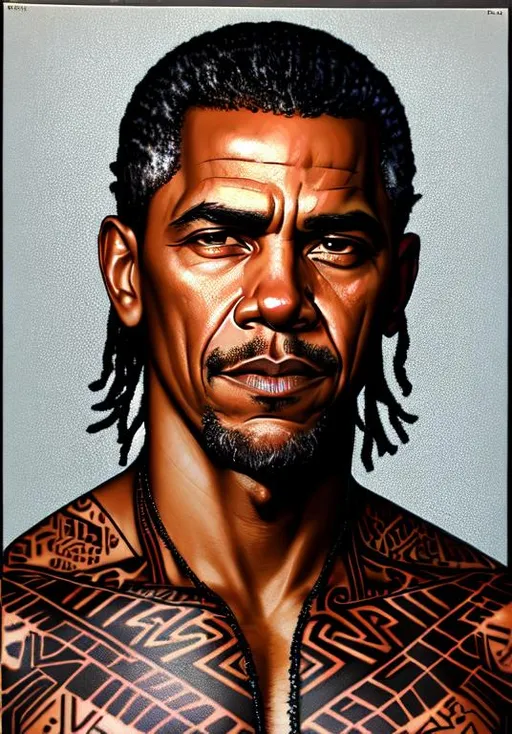 Prompt: UHD, , 16k, high quality, poster art, (( Chuck Close art style)), Barak Obama, hyper realism, Very detailed, full body, fierce, raw, savage, scary, horror, view of a middle aged man, no shirt, vampire, tribal tattoo, black hair, dark eyes, claws. black leather armor, dynamic pose, mythical, ultra high resolution, light and shading in 8k, ultra defined. 