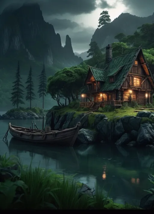 Prompt: weathered Warhammer fantasy RPG style small cabin on island, dark mood, eerie atmosphere, gloomy mood, rainy night, misty mountain backdrop, rustic wooden boat on the water, detailed stonework on cabin, lush greenery, ominous sky, high quality, RPG style, detailed cabin, misty mountain, tranquil, dark setting, rustic boat, atmospheric lighting, high resolution, realistic, natural tones, seen from distance, atmospheric lighting
