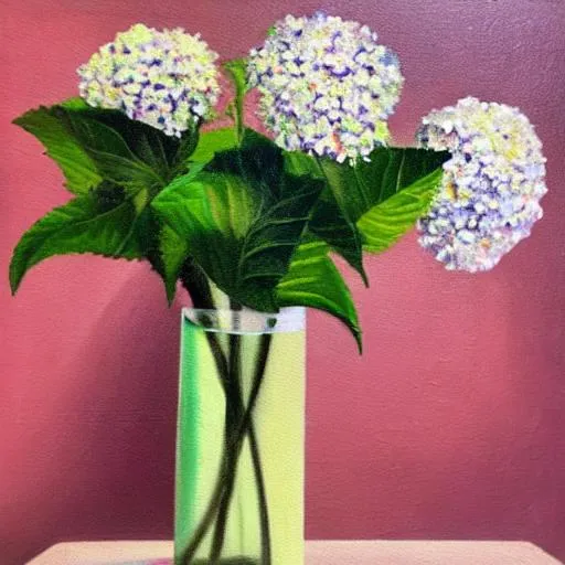 Prompt: Hydrangea flower in vase oil painting 