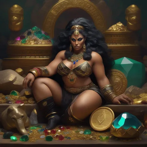 Prompt: A Large muscular {{{Barbarian}}} ogre woman with {{{tusks}}} and {{{black sclera}}}, glaring at the viewer, raising an eyebrow. lounging upon a large mound consisting of various treasures, gems, emeralds, diamonds, rubies, sapphires, onyx, and gold coins. with her back resting against an elephant skeleton.