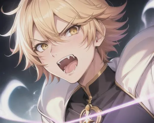 Prompt: Close-up portrait of a {male}, male, guy, symmetrical, anime wide eyes, short hair, soft lighting, detailed face, takashi takeuchi, concept art, digital painting, looking into camera, fate, powerful, angry, energy, shouting, open mouth, fangs, yellow eyes