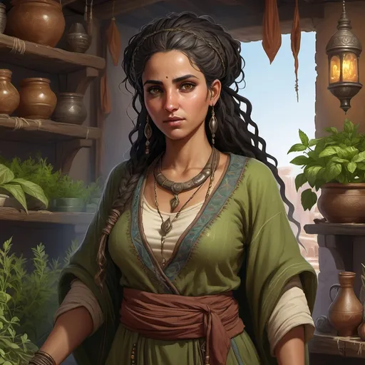 Prompt: Full body, Fantasy illustration of a female berber healer, 28 years old, dark oliv skin, disheveled hair, traditional berber garment, suspicious expression, high quality, rpg-fantasy, detailed, in a herb shop