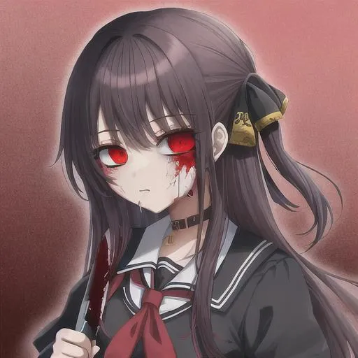 Prompt: blood, horrific, school girl, anime girl, bloody school, urban legend, knife, yandere cute