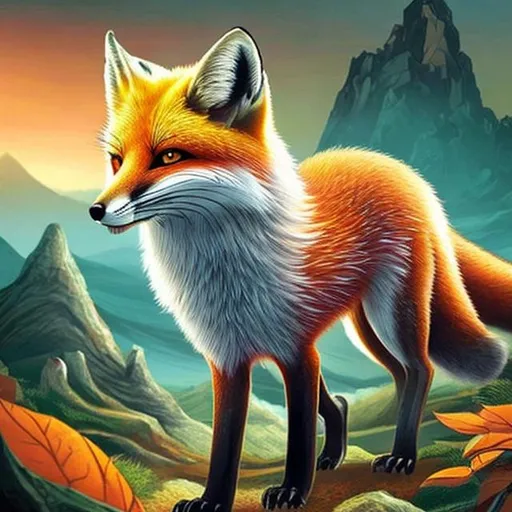 Prompt: imagem que retrata um cenário amplo e deslumbrante. Pode ser uma paisagem natural em chamas com uma lady fox correndo