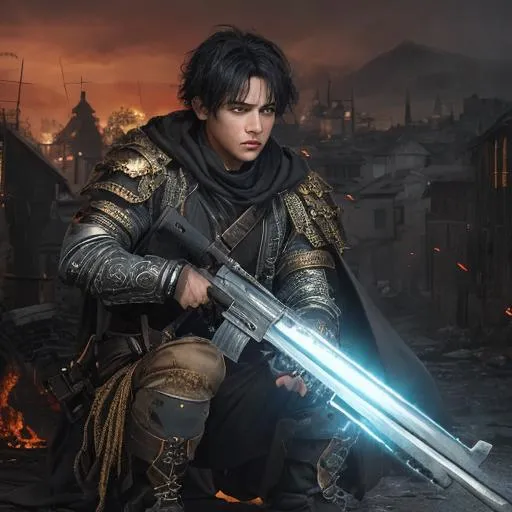 Prompt: A battered and ragged White male with short black hair, a black cloak with leather armor, baggy pants and a rifle made from silver and gold. He has an emotionless face. He is leaning on his Rifle in the middle of a burning village as ash and glowing crimson sparks fall gently from the grey sky. behance HD