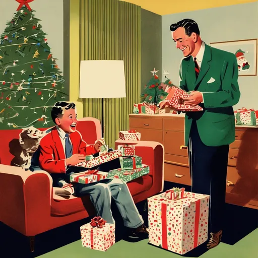 Prompt: Dad & son in lounge opening presents at christmas, 50's editorial color illustration