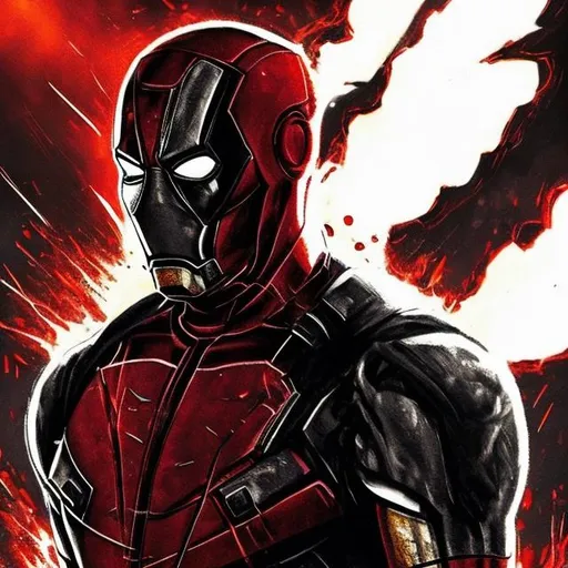 Prompt: iron-man and Deadpool combined into one. dark gritty, mostly black with dark red. Bloody. Hurt. Damaged mask. Accurate. realistic. evil eyes. Slow exposure. Detailed. Dirty. Dark and gritty. Post-apocalyptic Neo Tokyo with fire and smoke .Futuristic. Shadows. Sinister. Armed. Fanatic. Intense. 