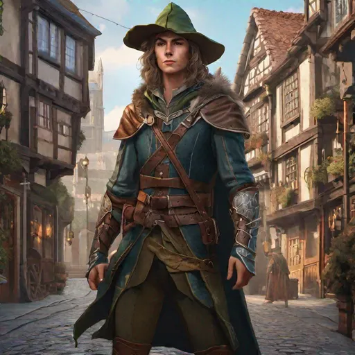 Prompt: Portrait of a half-elf ranger in a English-inspired fantasy city.  Full-body shot, highly detailed, character illustration, 8K.
