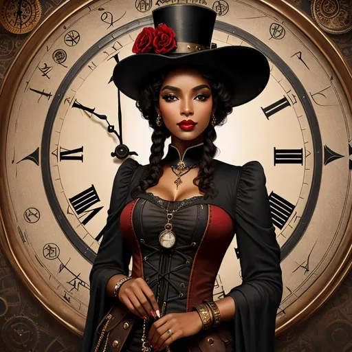 Prompt: black Steampunk  black woman, pretty face, red lips, tall hat,  clock background, closeup