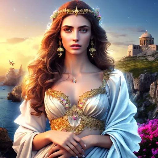 Prompt: HD 4k 3D 8k professional modeling photo hyper realistic beautiful young maiden women ethereal greek goddess of virtue
dark rose hair blue eyes gorgeous face fair freckled skin grecian embroidered dress gold crown  full body surrounded by magical glowing glorious light hd landscape background crossroads wildflowers trees 