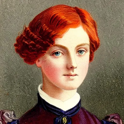 Prompt: Color portrait of a beautiful Victorian girl with red hair and dark blue eyes wearing a dark blue school uniform.