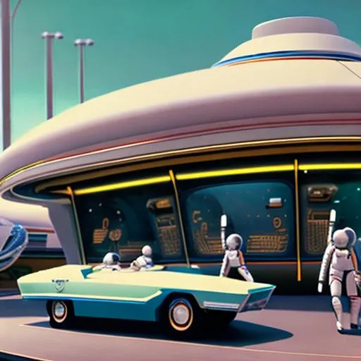 Prompt: a group retro futuristic astronaut with futuristic helmets going to their spaceship. The ship is parked in front of an futuristic diner. 1970s. 4k