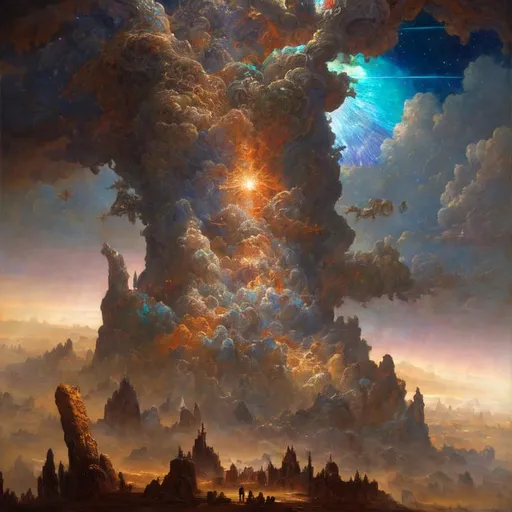 Prompt: Gods descent on earth from the sky, celestial procession, scared locals, landscape, vibrant colours, majestic, beautiful, Maximalist oil on canvas painting, in the style of Paul Gustave Dore, 3D trending on Artstation CryEngine,