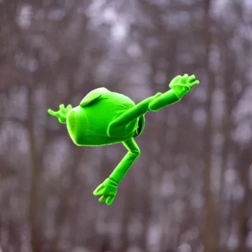 Prompt: Kermit the frog flying through the air