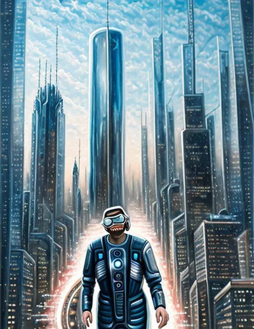 Prompt: A photorealistic painting of a time traveler standing in front of a cityscape from the future. The time traveler is wearing a futuristic outfit and is holding a time machine. The cityscape is full of tall buildings and flying cars.