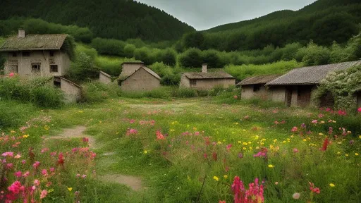 Prompt: A abandoned village in runes in the middle of a flower field 