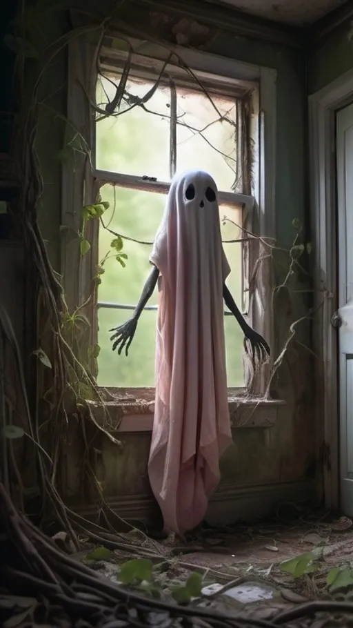 Prompt: Ethereal ghost figure haunting in overgrown abandoned house, scary, vines hanging, dark, detailed, windy, horror, 4k HDR