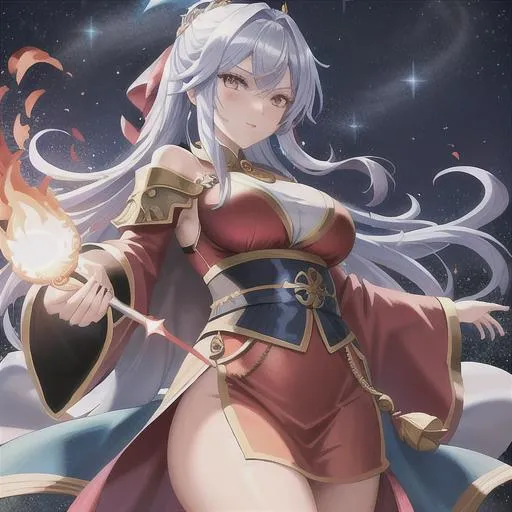 Prompt: Pretty Female Fire Mage, Detailed ornate Robes, The colors of the robes are Blue with silver accents, she is Casting fire magic, Background Night sky
