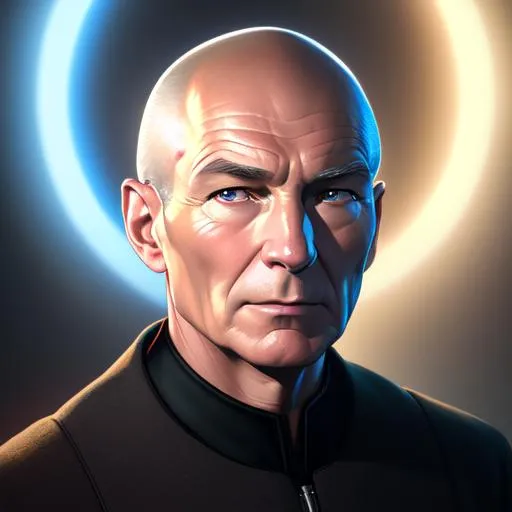 Prompt: Captain jean-luc-picard, sir Patrick Stewart, star trek picard, ultra realistic,  Highly detailed photo, realistic digital artwork. High definition. Face by Tom Bagshaw and art by Sakimichan, Android Jones" and tom bagshaw, BiggalsOctane render, volumetric lighting, shadow effect, insanely detailed and intricate, photorealistic, highly detailed, artstation by WLOP, by artgerm