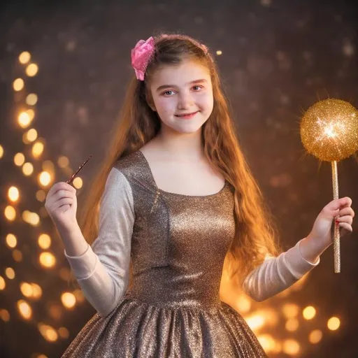 Prompt: 16 year old girl in a glittery puffy ball gown holding her magic wand 