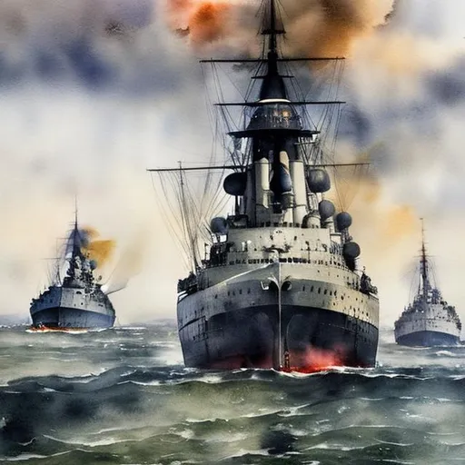 Prompt: Battle of Jutland in Watercolor