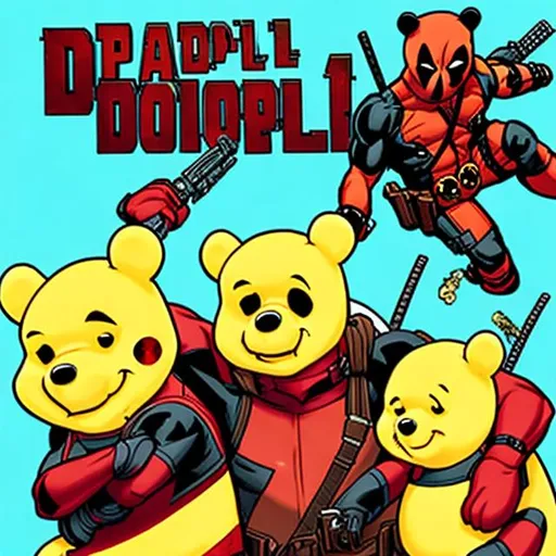 Prompt: Deadpool but pooh shooting people