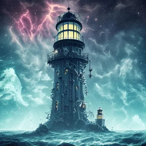 Prompt: Haunting lost space lighthouse in huge dangerous astral storm