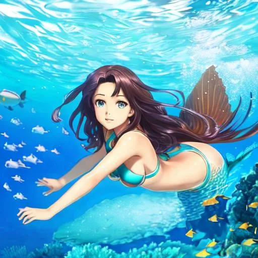 Prompt: a beautiful mermaid with brown skin and aqua hair  and eyes is swimming under the sea, art by masashi kishimoto, anime style, 4k, artstation


