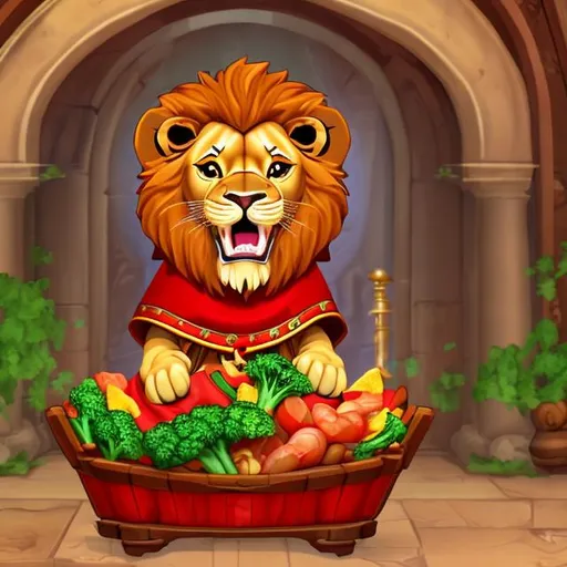 Prompt: delight happy lion  with a red king's cape on throne in palace eating veggies
