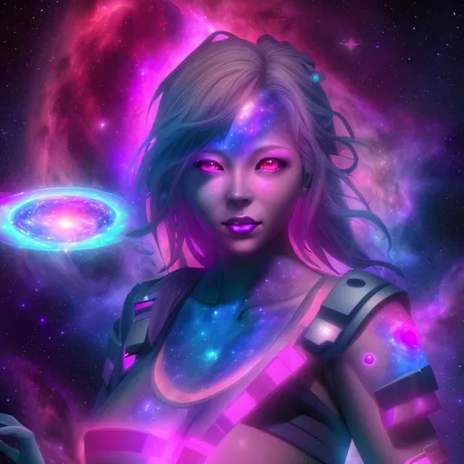Prompt: Happy, vivid, nebula, 3D, HD, full-body,  plasma ({Female}Goddess as expansive cosmic background --s98500