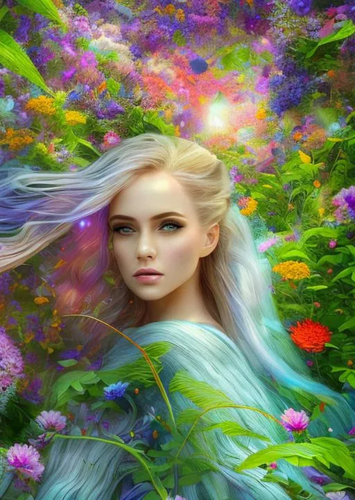 Prompt: Digital art, fantasy art, epic perspective, very colorful, magical flower garden art rendition of a remarkably beautiful flower fairy with long, long, blonde hair and beautiful, semi-transparent, gossamer, pastel colored wings seated in a garden of flowers and trees, Hyper detailed, magical lighting with lens flares in the style of Penelope Luc hyper detailed digital art