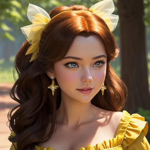 Prompt: Disney Princess Belle in a yellow dress, , facial closeup