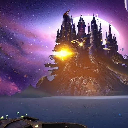 Prompt: A space fantasy castle on a floating Island in space, stars, planets, galaxy, cool, 4K, epic