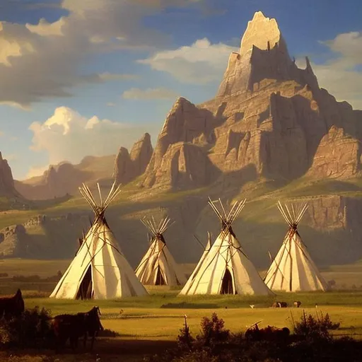 Prompt: Sioux teepee village in the montana plains with mountains in the back ground Albert Bierstadt style