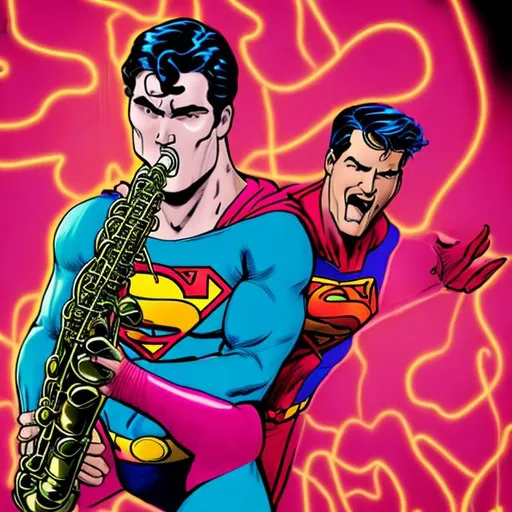 Prompt: Superman is eating a saxophonist who is wearing a neon pink suit, playing sax