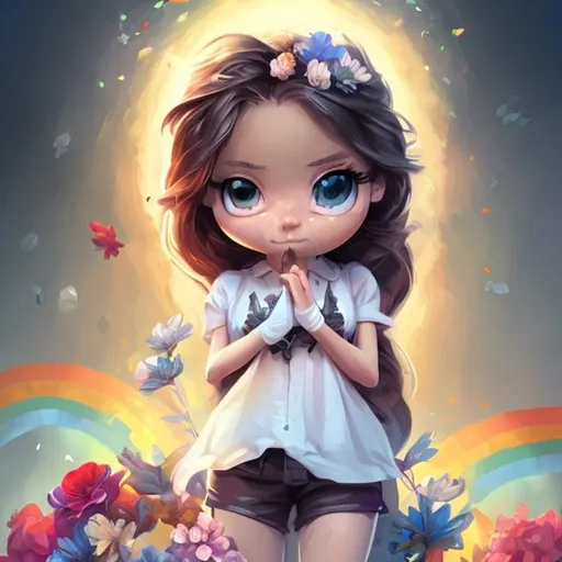 Prompt: create a cover for an agent, female, with flowers, rainbow, alright fantasy, cute, highly detailed, well rendered, cartoon, illustration