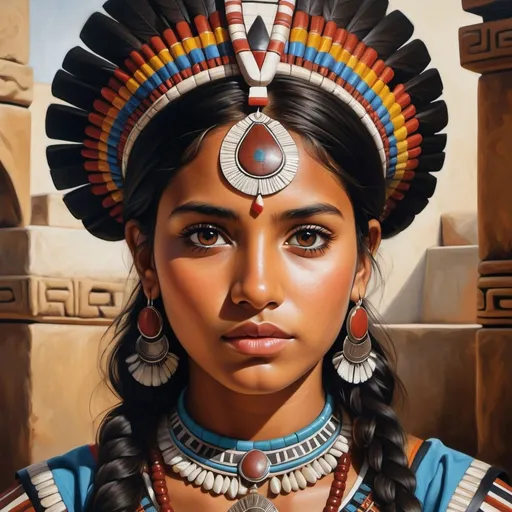 Prompt: Young aztec women, oil painting, hyper realistic, high details, symmetric, perfect eyes, perfect hair, beautiful, dark brown eyes, black hair, dark skin, traditional clothes,